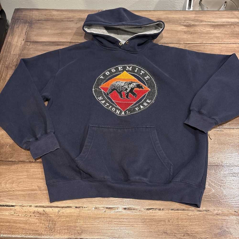 Yosemite California '90 Men's Pullover Hoodie Size Large Blue Bear